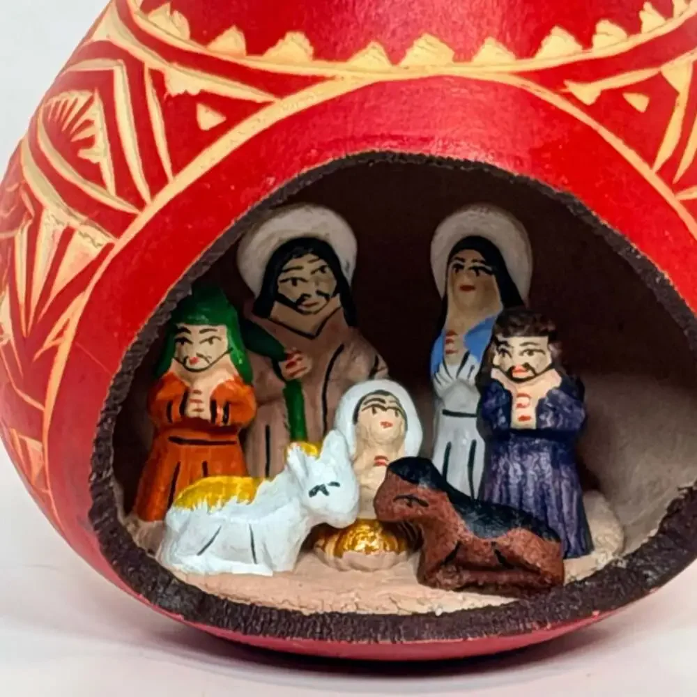 Hand Carved and Painted Gourd Nativity Scene Christmas Diorama Ornament